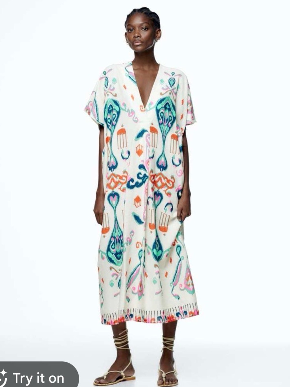 Zara Printed V-Neck Swim Cover-Up Kaftan in Ivory with Teal & Coral Motif